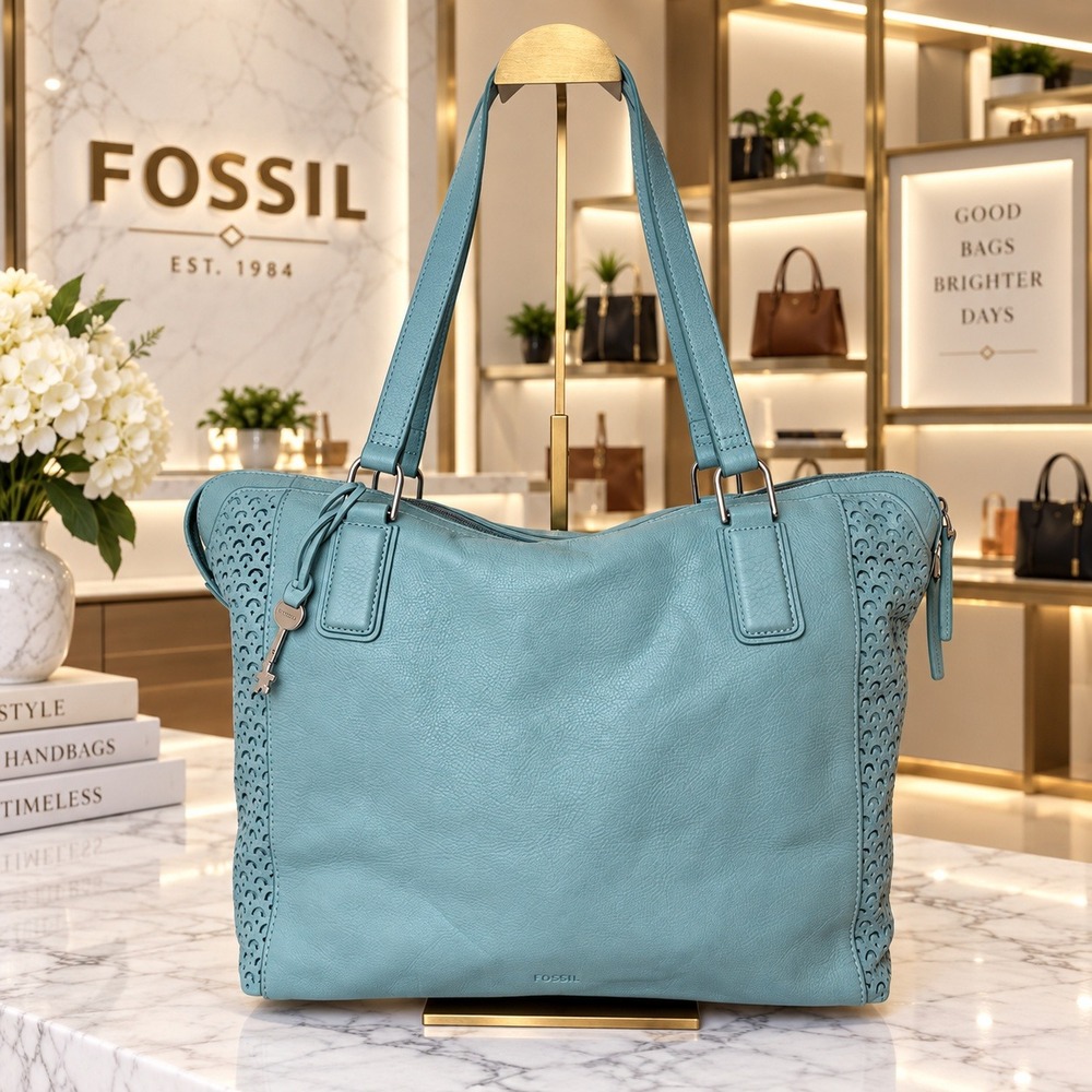 Fossil Jacqueline Tote Shoulder Bag Blue Pebble Leather Perforated